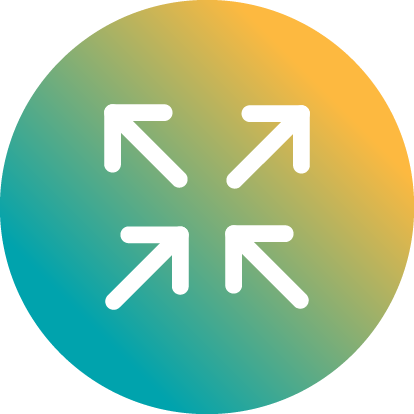 An icon featuring two arrows pointing inward and two arrows pointing outward, symbolizing the need for stakeholder insights and business knowledge to create a visual brand system that is then marketed outward