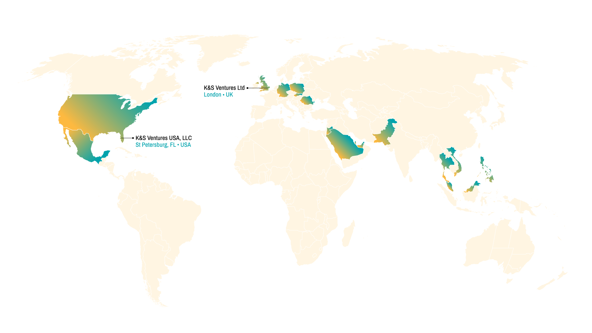 A world map highlighting K&S Ventures' global reach across Asia, the Middle East, Europe, and North America. Specific countries include Germany, Malaysia, Mexico, the Philippines, Poland, Romania, Slovakia, Thailand, the UK, the US, and Vietnam, with key offices in London, UK, and Saint Petersburg, FL, USA.